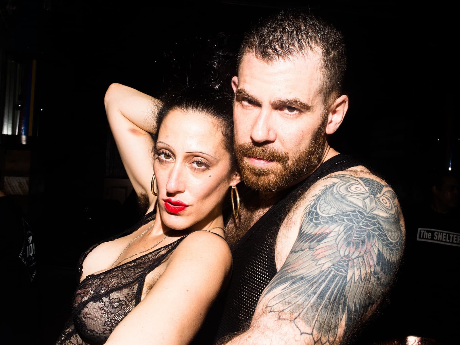 Two guests in flash light at Battle Hymn, New York